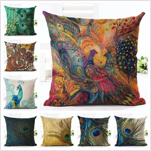 Hot sell Fashion Style Pretty Peacock Chair Decorative Cushion Sofa Throw Pillow Square Cojines Cotton Linen Fundas
