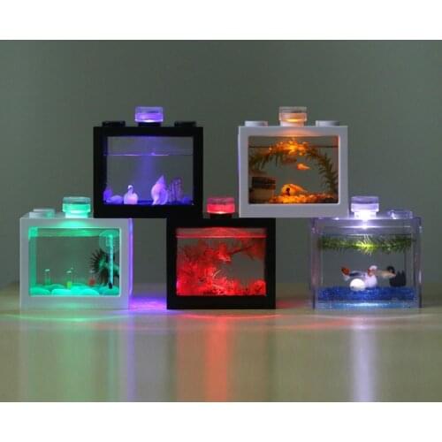 Mini Fish Tanks Betta Fish Tank Aquarium Tank Fish Bowl Building Block Office Table Decoration Home Decor Feeding Box LED Light