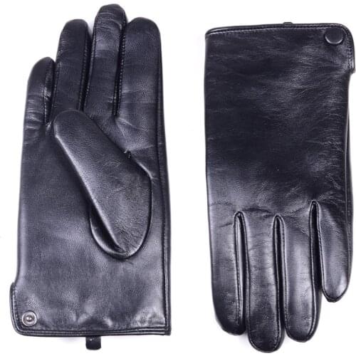 Mens Winter Warm Real Leather Goat Skin Wrist Button Black Touch Screen Driving Short Gloves