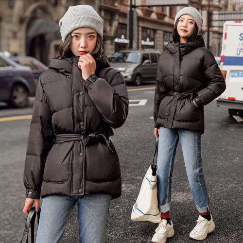2021 New Fashion Women Winter Jacket and Coat Solid Parkas Hooded Zipper Single Breasted Korean Fashion Sashes Jacket