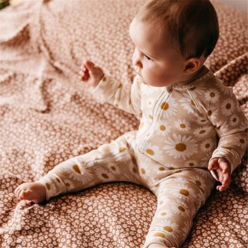 0-24M Unisex Baby Autumn Rompers Toddlers Girls Boys Sunflower Print O-Neck Long Sleeves Sloping Zipper Open Jumpsuits