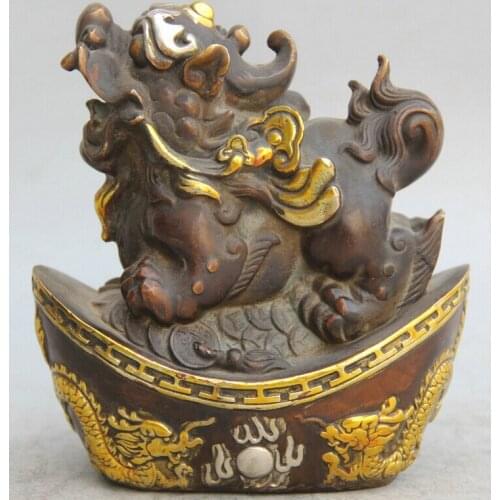 Song voge gem S1702 7" Chinese Bronze Gild Silver Wealth Money Dragon Unicorn Beast Pi Xiu sculpture