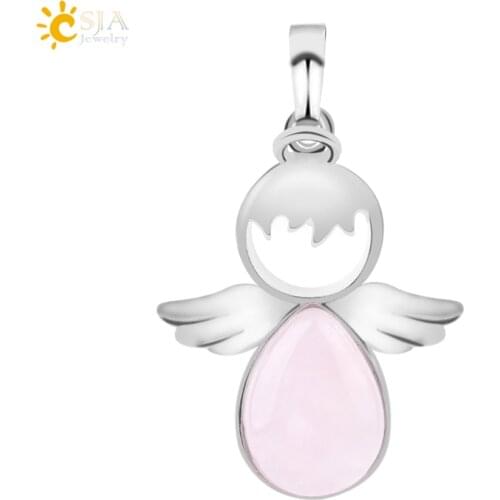 CSJA Angel Wings Natural Stones Pendants Pink Quartz Fairy Angels Pendant for Necklaces Women Girls Jewelry Christmas Gifts F753