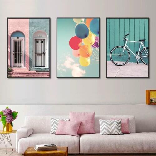 Nordic Style Poster Bike and Balloon Pink Romantic Building Canvas Painting Home Art Picture Modern Wall Art Living Room Decor