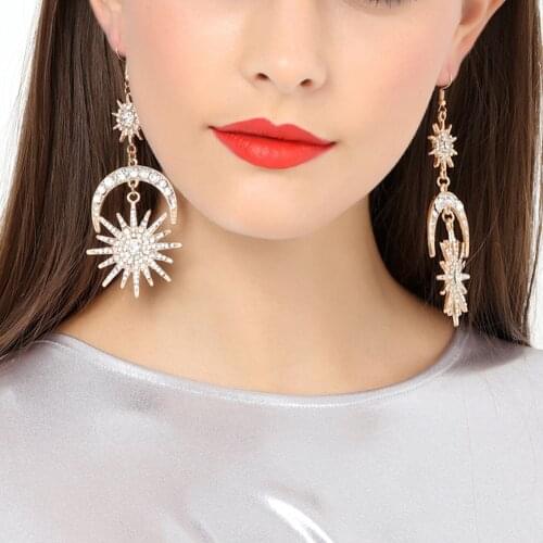 Luxury Sun Moon Drop Earrings Shiny Rhinestone Ear Dangle Boho Statement Jewelry