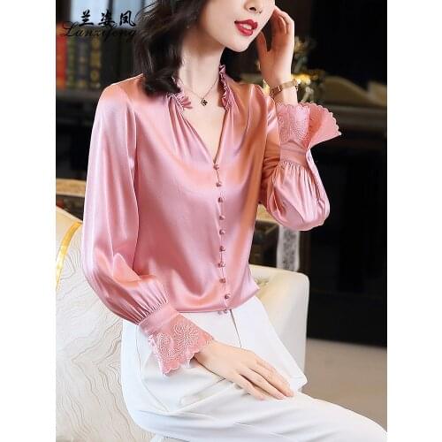 Shirt Sexy V-neck long-sleeved retro embroidery mulberry silk top silk shirt women shirt silk top