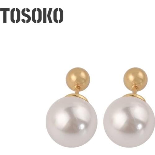 TOSOKO Stainless Steel Jewelry Ins Pearl Small Gold Bean Earrings Women Wear Elegant Stud Earrings In Both Directions BSF252