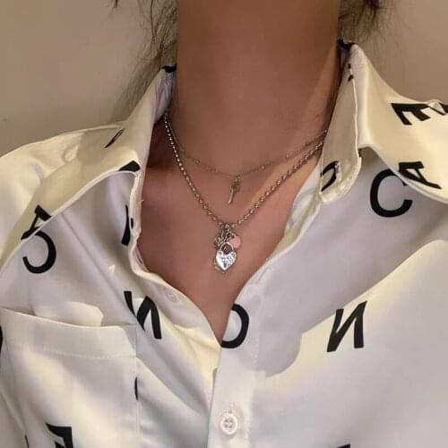 U-Magical Double-Layer Heart Letter Lock Key Pendant Necklace for Women Punk Round Bead Chain Head Portrait Necklace Jewelry