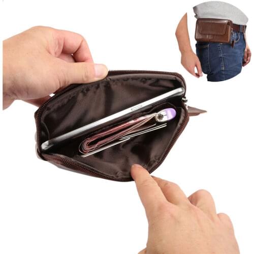 Universal Leather Belt Clip Phone Pouch for iPhone Samsung Huawei Xiaomi Nokia Waist Bag Soft Flip Wallet Bags Dual Pouch Zipper