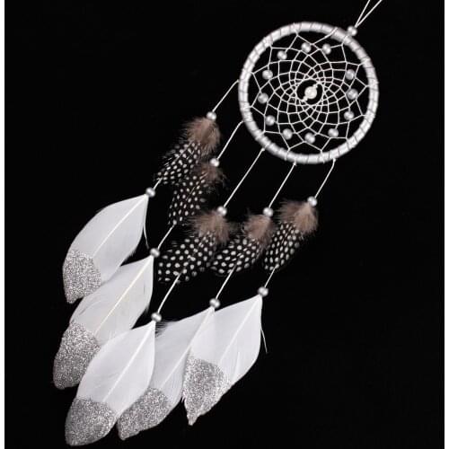 Wind Chimes Silver Bead Dream Catcher with Feather vintage Wall Hanging Dreamcatcher Circular Feathers Handmade Ornament for Car
