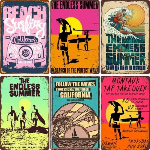 Vintage Seaside Surf Decor Hawaii Los Angeles Tin Sign Retro Plates Wall Art Metal Poster for Club Bar Pub Home Decoration