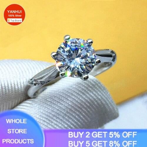 YANHUI Women 925 Sterling Silver Rings Simple Round Zircon Ring Fine Silver 925 Jewelry Engagement Wedding Girl Gifts NR363