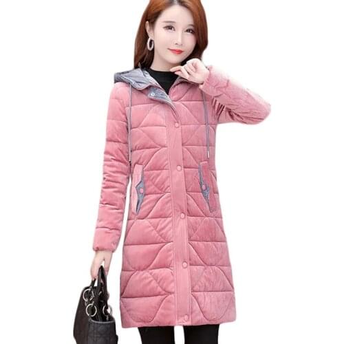 2021 New Winter Thicken Warm Corduroy Cotton Jacket Womens Long Down Cotton Jackets Casual Plus Size Hooded Parka Overcoat 4XL