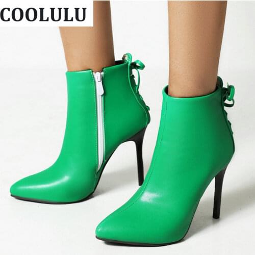 COOLULU Stiletto Ankle Boots Pointy Toe for Women Thin High Heel Booties with Bow Lace Up Ankle Boots Ladies Sexy Ankle Booties