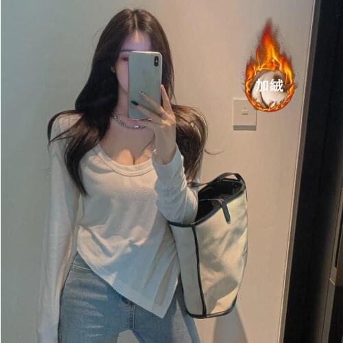 Woman Tshirts T-shirt Womens Low Collar White Long Sleeve Autumn Winter Tight Top Tops Mujer Camisetas