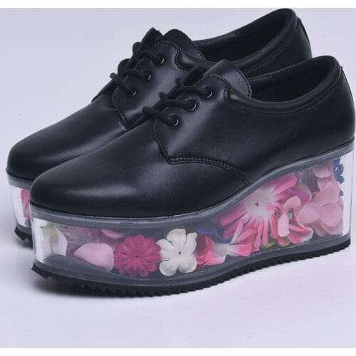 Womens Platform Clear Transparent Lace Up Wedge High PVC Heel Muffin Thick-soled Flowers DIY Leather Shoes Black White New 2020