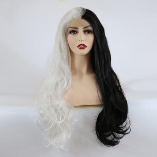 ZigZag Half White Half Black Wavy Synthetic Lace Front Wigs for Women Natural Long 13x3 Hand Tied Lace Cosplay Wig Middle Part