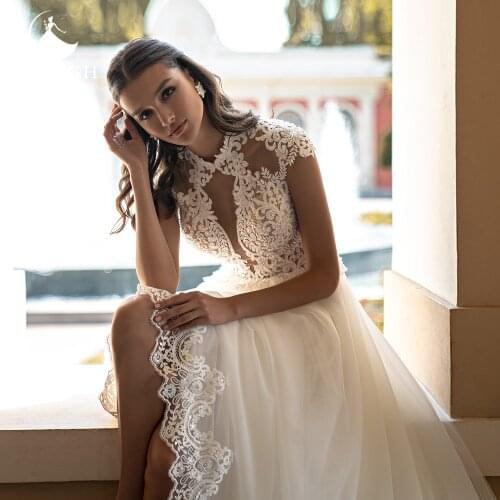 Aedmgh A-Line Wedding Dresses 2021 High Neck Cap Sleeve Chapel Train Vestido De Novia Beaded Appliques Pearls Simple Bridal Gown