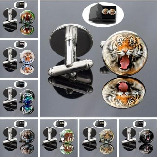 Animal Tiger Painting Glass Dome Cufflinks Men Suit Shirt Cuff Links Button Wedding Cufflinks Gifts for Boyfriend Husband