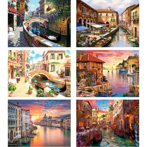 5D Diy Diamond Painting Cross Stitch "Flower lake city sunset" Home Decor Full Round Rhinestones Inlay Diamond Embroidery