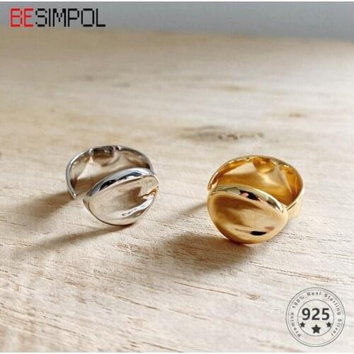 Besimpol 100% Real 925 Sterling Silver Rings Minimalist Style Wide Surface Geometric Ring For Women Fashion Fine Jewelry Gifts