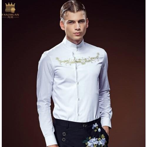 Free Shipping New fashion male Mens fanzhuan long sleeved Embroidery white Shirt 612152 gentleman personality collar in stock