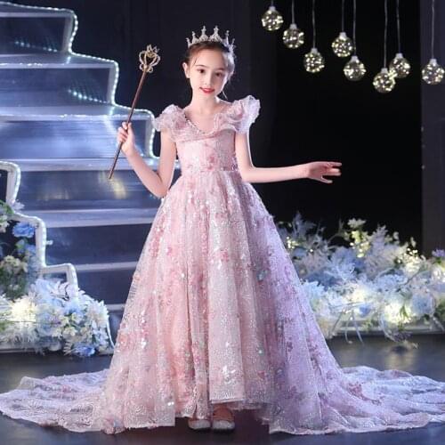 Children Sequined Appliques Trailing Evening Gown Kids Catwalk Birthday Party Elegant Princess Dresses For Girls Vestidos L1210