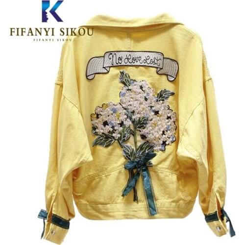 Floral Embroidery Denim Jacket Women Short Coat Fashion Pocket Bow Long sleeve Jeans Jacket Korean Womens Casual Jeans Coat