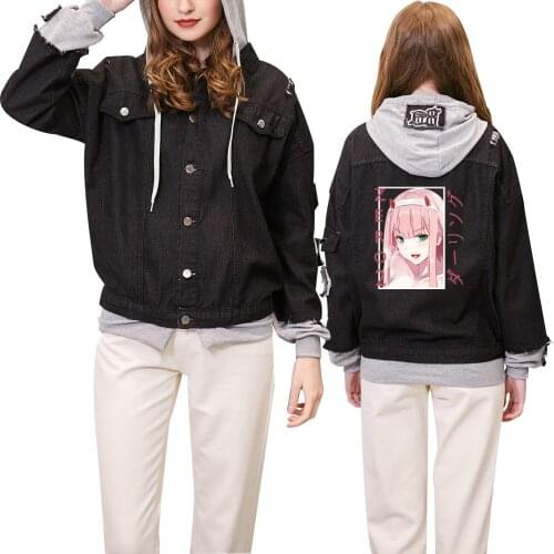 Zero Two Denim Jacket Anime Cosplay Darling In The Franxx Unisex Oversized Hoodies Hooded Button-up Black Streetwear Sweatshirts