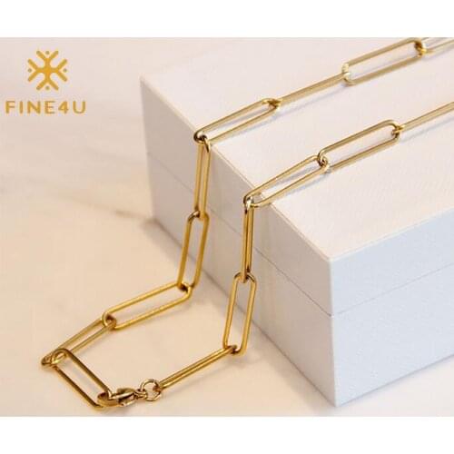 FINE4U N647 Dainty Paperclip Link Chain Necklace for Women Girls Gold Color Choker Necklace Jewelry Gifts