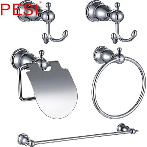 PESI Bathroom Hardware Set 2019 Luxury All Brass Towel Rack Shelf Towel Bar Towel Holder Accessories Electroplated Chrome