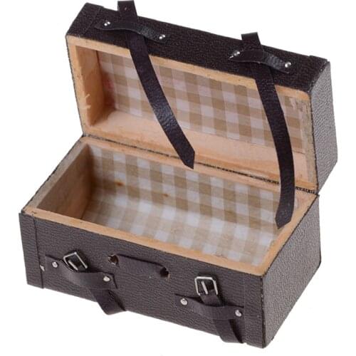 Brown 1/12 Dollhouse Miniature Carrying Vintage Leather Wood Suitcase Luggage Classic Toys Pretend Play Furniture Toys Accessory