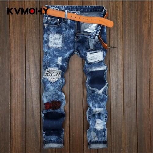 Mens Ripped Jeans Hip Hop Pants Fit Blue Denim Jean Joggers Male Hole Distressed Destroyed Trousers Button Fly Pants Streetwear