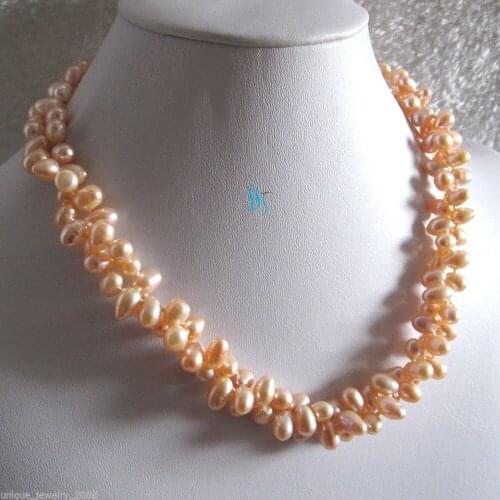 NEW 18" 6-7mm 2 Row Peach Pink Rice Freshwater Pearl Necklace Strand