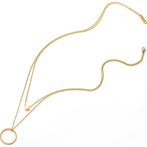 Trendy Stainless Steel Round Circle Pendant Necklace For Women Gold Color Multi Layered Chain Collar Necklace Collier Femme Gift