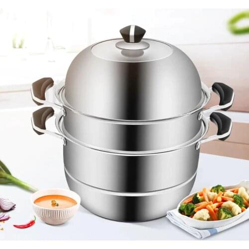 Stainless Steel Steamer for Steamed Buns and Induction Cooker Three-layer Household Large Thickened Bamboo Steamer 28cm Steam