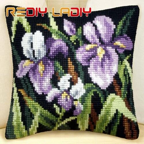 Cross Stitch Cushion Blue Iris Make Your Own Pillow DIY Chunky Cross Stitch Kits Pre-Printed Canvas Acrylic Yarn Pillow Case