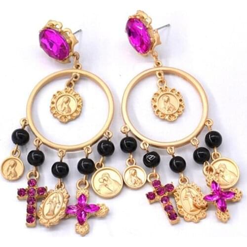 Pink Rhinestone Baroque Earrings Jewelry European Fashion Cross Drop Women Big Baroque Retro Earring Jewelry