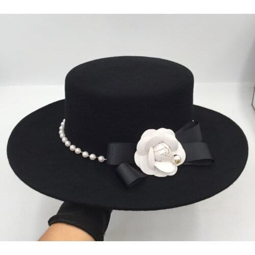 Womens wool fedora with pearls and flower flat brim hat flat along the elegant hat