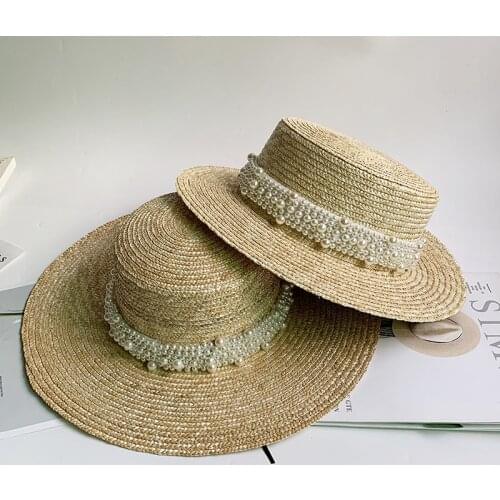 Handmade Wide Brim Straw Hat Womens New Summer Hats French Style Pearl Boater Hat Holiday Beach Cap Protection UV Sun Hat