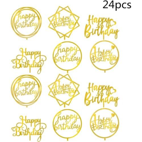 24 Pcs Birthday Cake Topper Acrylic Double-Sided Mirror Birthday Cake Insert Card Baking Decoration Happy Birthday Cake Card