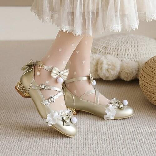 Lolita Girls Mary Janes Shoes Bowknot Princess Ruffles Japanese Sweet Bride Wedding Party Dress Pumps Cosplay Silver Gold 34-48