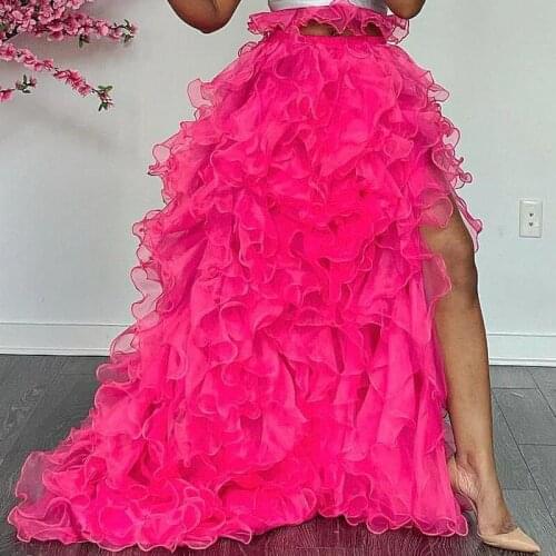 Fuchsia Maxi Skirt High Waist Side Split Long Puffy Tulle Women Skirts Tiered Custom Made Hot Pink Birthday Skitt For Dance