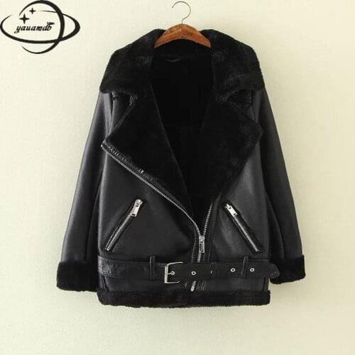 Womens Faux Leather Jacket Spring Autumn Female Coat Clothing Turn-down Collar Fur-in-one Belt Ladies Outerwear Clothes H149