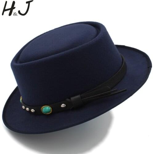 Women Wool Pork Pie Hat with Flat Fedora Hat for Church Elegant Lady Gambler Fascinator Trilby Church Hat Size 58cm