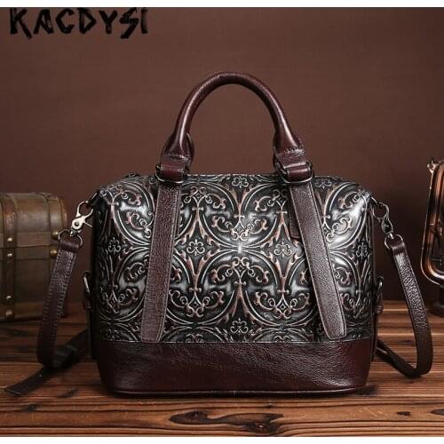 KACDYSI Handmade Cowhide Leather Brush Color Women Message Bag Embossed Retro Handbag Stylish Lady Tote Messenger Satchel Purse