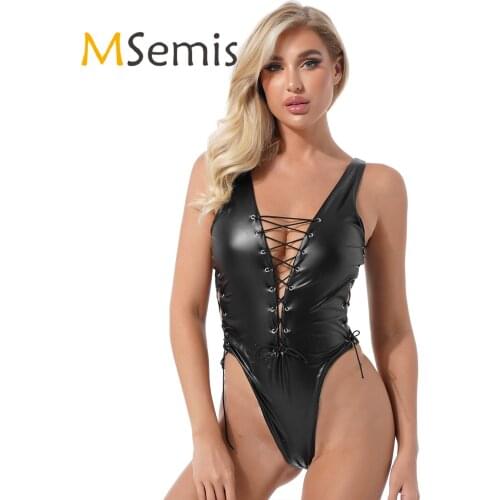 Womens Plunging Neckline Lace-up Faux Leather Bodysuit Hollow Out Sleeveless High Cut Leotard Catsuit Bar Stage Show Clubwear