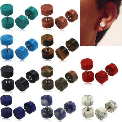 2pcs Natural Stone Stud Earrings Fake Plugs Tunnel Ear Gauges Stainless Steel Cheater Stretcher Expander Piercing Body Jewelry