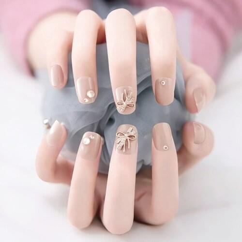 24pcs Fake Nails Press On Nails With Glue Patch Short Skin Color Bow Nail Stickers Full Cover Finished Nail Stickers Fro Girls