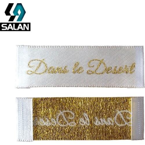 Custom satin clothing tags Customize damask shiny silver sewing woven tags personalized metal gold logo label fabric etiquetas